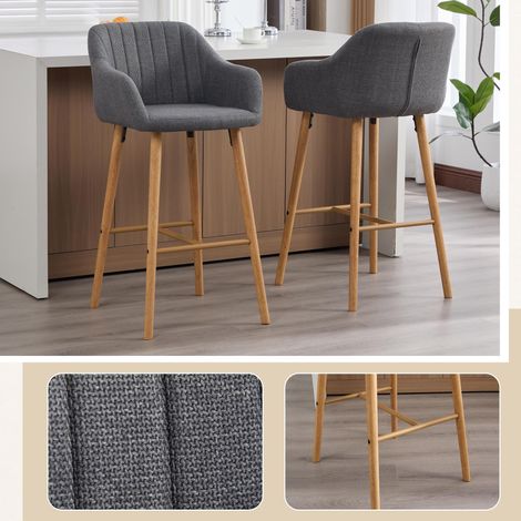 Tabourets de bar modernes de style européen, avec dossier haut, accoudoirs, assise recouverte de lin et pieds en bois. Idéaux pour les cuisines et les îlots de cuisine. Lot de deux tabourets de bar (l