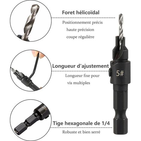 5pcs Forets Fraisés à Chanfreiner Réglable Fraise Bois 1/4" Changement Rapide Mèches à Fraiser Coffrets de Forets à Bois 5, 6, 8, 10, 12 pour le Travail du Bois et la Menuiserie (1/5)