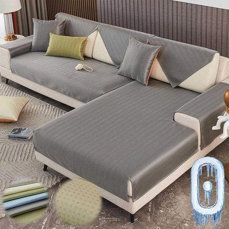 Coussin de Canapé, Ice Silk Frais été, Silicone Antidérapant, Anti-rayures Animaux, Lavable, pour 2/3/4 Places ou L, Gris 70x90cm (1/5)