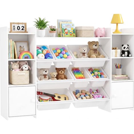 Rangement optimisé Meuble de rangement jouets avec 8 bacs amovibles et placard pour chambre d'enfant 140x30x90 cm blanc (1/5)