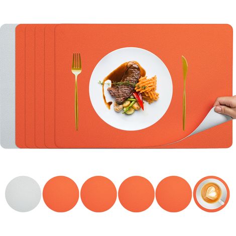 Set de Table Lavable, Set de Table Cuir Double Face avec des sous-Verres, Sets de Table Plastique, Set Table Napperon Rectangulaire (Orange vif + gris, Lot de 6)