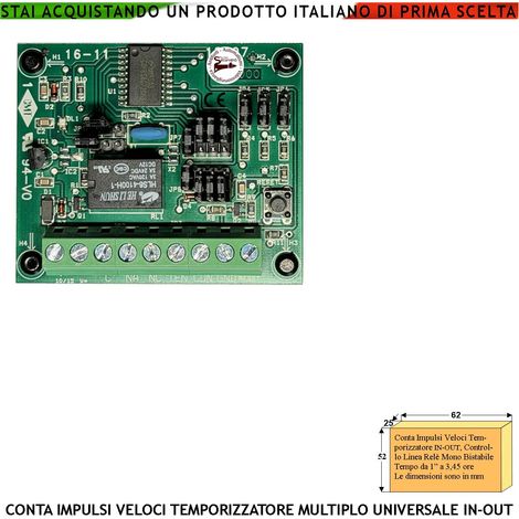 Contaimpulsi Multifunzione Temporizzatore Tempo Impostabile IN-OUT Uscita Relè 2 A Mono Bistabile Ritardo Prima o Dopo il Comando Multiuso Utile Antifurto Per Parcometro Aliment. 12 Vac Assorb. 50 mA