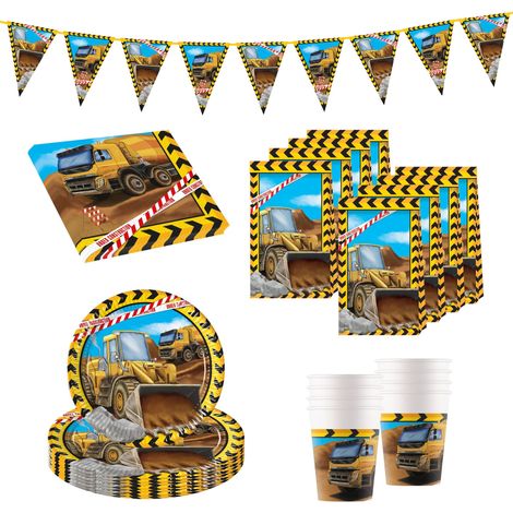 Set de fête Chantier, 45 pièces de vaisselle jetable pour anniversaire d'enfant et fête à thème, décoration de table (1/5)