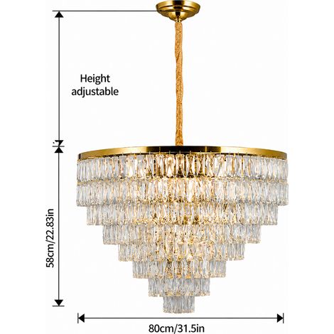 Grand lustre suspension cascade doré 80 cm en cristal, luminaire design luxe E14 x17 réglable pour salon salle à manger hall