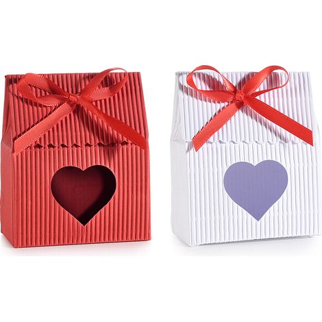 Scatoline in cartoncino ondulato con finestra a cuore e fiocco rosso, ideale per bomboniere matrimonio o confezioni, set da 40 pezzi, cm 7 x 4 x 8,5 H