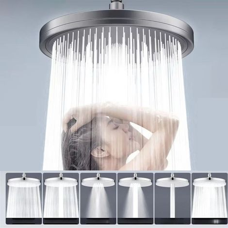 Pommeau de douche haute pression, buse supérieure réglable à 6 niveaux, pommeau de douche à effet pluie rond, accessoires de salle de bain, gris (1/5)
