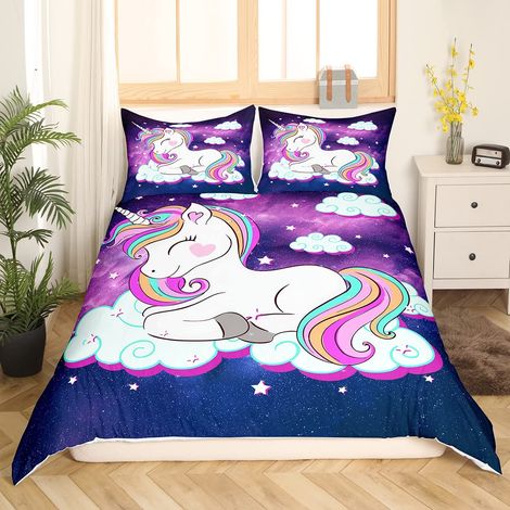 Parure de lit pour enfant, 135x200 cm, Magical animal, Pour filles et garçons, Avec housse de couette, Motif cheval rêvé arc-en-ciel, Violet/bleu, 2 pièces, Fermeture éclair (1/5)