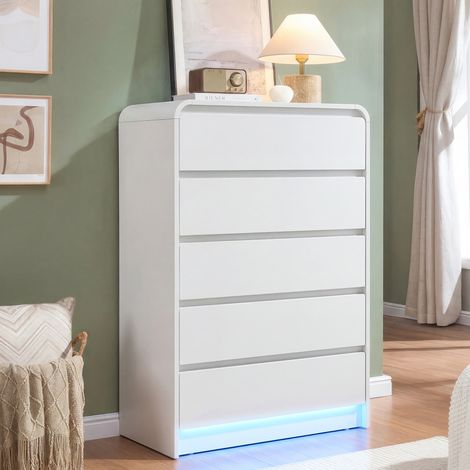 Commode moderne blanche, éclairage LED, buffet, avec 5 tiroirs et sécurité anti-basculement, design sans poignée, pour salon, chambre à coucher, couloir, grand espace de rangement, Blanc (1/5)