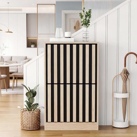UEV Armoire à Chaussures avec 2 Abattants, Meuble à Chaussures Inclinable, Étagère Réglables et Amovibles, Motif en Ligne, pour Entrée, Couloir, Salon, 50x24x86,5cm, Naturel et Noir
