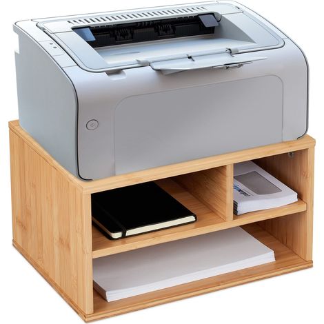 Support imprimante pour Bureau, 3 Compartiments, Rangement, HxLxP: 22 x 40 x 30 cm, Organiseur Bambou, Nature (1/5)