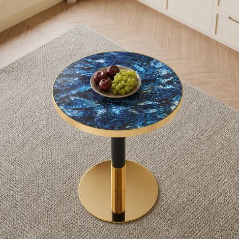 Table d'appoint ronde moderne, plateau effet marbre avec bordure dorée, structure métallique robuste noire et dorée, idéale comme table basse, table de chevet ou table de balcon. (1/5)