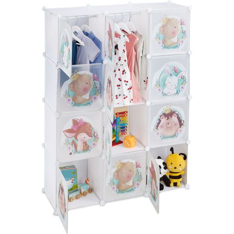 Relaxdays Armario Modular Infantil, 2 Rieles Ropa, Puertas con Animales, 145x110x37 cm, DIY, Estantería Cubos, Blanco