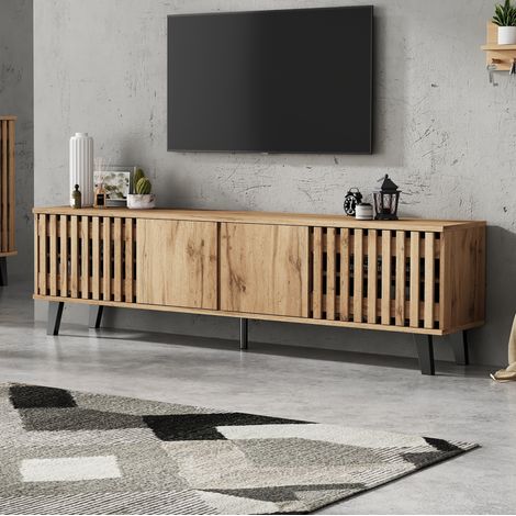 Mueble TV 180x40x55 cm, 8 compartimentos, 4 puertas, madera natural, patas negras HAVRYA (1/5)
