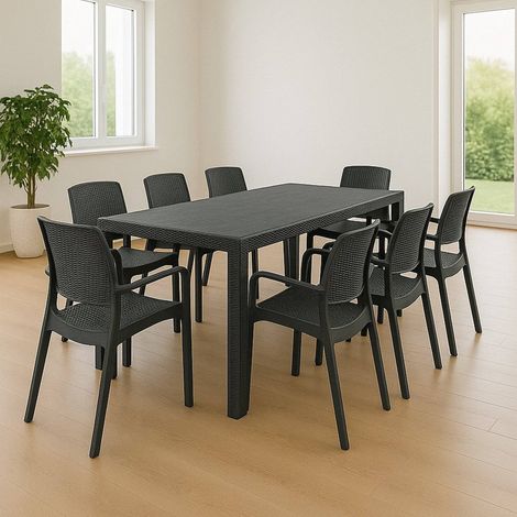 Dmora - Set tavolo e sedie Moie, Salottino indoor, Tavolo rettangolare allungabile con 8 sedie con braccioli, Made in Italy, Antracite