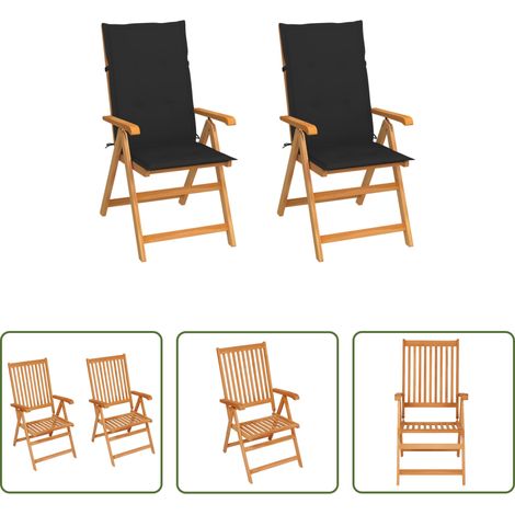 Chaise de jardin teck - Chaises de jardin lot de 2 et coussins noir Bois de teck massif (1/5)