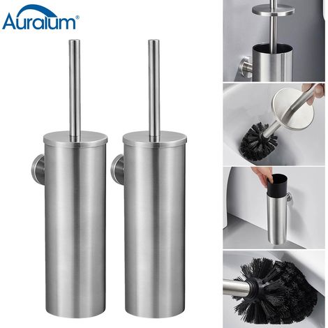 2x Escobillero Baño de pared con tapa Escobilla WC de Acero Cepillado, A prueba de salpicaduras, Antiolor, Con cepillo de limpieza de 360º