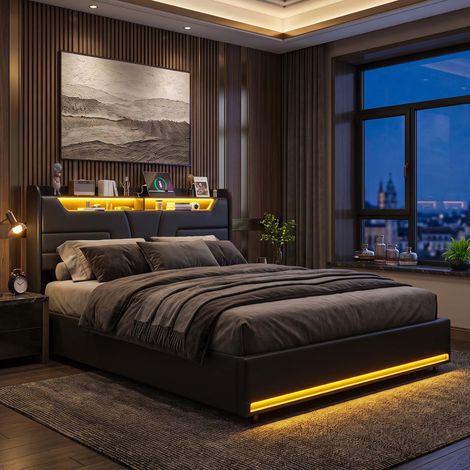 Creahappy Lit Double 140x190 cm LED Tête de Lit avec Étagère et Prise Structure Moderne Design Noir Élégant (1/5)