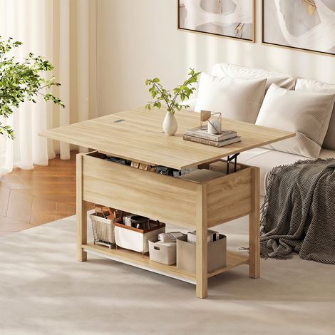 Table basse transformable avec rangement secret, table de salon extensible et relevable, étagère apparente, dimensions 100x45x50,5cm, finition bois naturel (1/5)