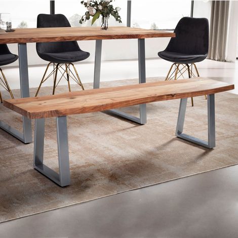 Banc de table pieds U 160x40x45,5 cm en acacia naturel et métal chromé