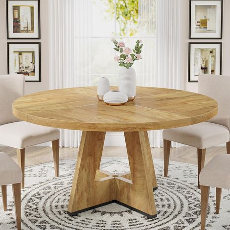 Tribesigns Table de salle à manger ronde en bois pour salle à manger, table de cuisine de 120 cm pour 4 adultes, table à manger rustique avec plateau en bois et base en croix, bois clair