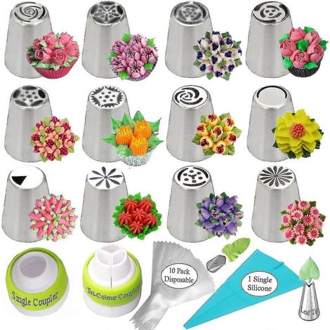 Ensemble de douilles russes pour la décoration de gâteaux, kit de douilles à fleurs, 12 douilles à pâtisserie, 2 adaptateurs, 2 douilles à feuilles, 1 poche à douille en silicone, 10 embouts à pâtisse (1/4)