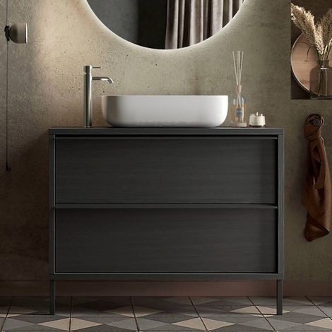 Mueble de baño de madera de fresno negro con cajones y lavabo sobre encimera incluido 105x78H cm - Nesto (1/5)