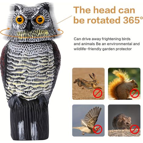 Statue de hibou, hibou en plastique à tête rotative, répulsif à oiseaux, répulsif à insectes pour jardin extérieur (1/5)