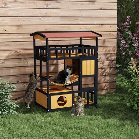Maison en bois pour chats, niche avec plateformes, pont suspendu, abri pour jusqu'à 2 chats, intérieur et extérieur, Jaune (1/5)