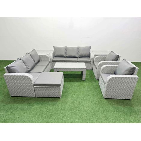 Fimous PE Rattan High Back Lounge Sofa Set Patio Oblong Coffee Table & Chairs Set with 3 Seater Sofa Reclining Chair Big Footstool 2 Side Table Light Grey (1/4)