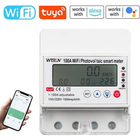 Compteur Photovoltaïque Bidirectionnel Intelligent WiFi Tuya Multifonction avec Disjoncteur, Timer et Contrôle Domotique – Installation Rail DIN (100A max, Blanc)