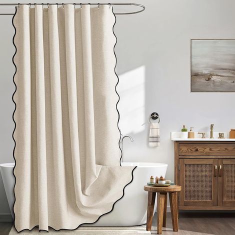 JSSEVN - Cortina de ducha con textura de lino sintético, impermeable y de tejido grueso, incluye 12 ganchos de acero inoxidable, 180 x 200 cm, color beige. (1/5)