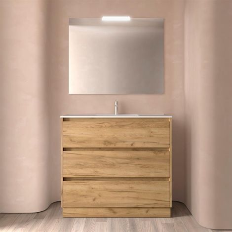 Ensemble complet Noja 1000 3 tiroirs CHÊNE D'AFRIQUE + Meuble-lavabo + Miroir + Luminaire (1/4)