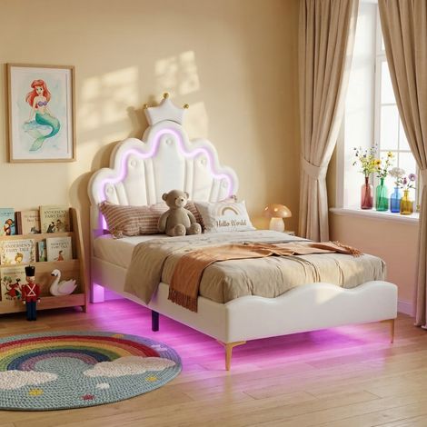 JOOKGBD-Letto Bambino 90x200 cm, Letto Rimborsato con Luci LED Regolabili, Letto Singolo a Forma di Corona da Principessa, Letto Adolescente con Doghe, PU, Bianco