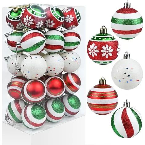 Lot de 30 boules de Noël décoratives - Boules de Noël rouges, vertes et blanches de 6 cm, incassables, pour sapin de Noël, à suspendre pour les fêtes de fin d'année (1/3)