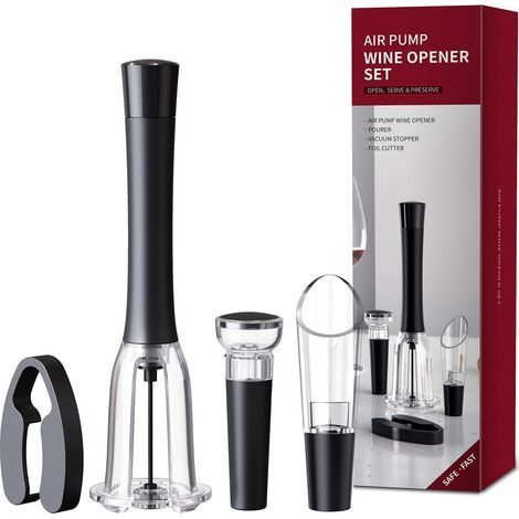 Set de Tire Bouchon Pompe à Air, Inclut Ouvre Bouteille, Coupe-Capsule, Bouchon Bouteille & Verseur, Vin Accessoire Professionnel, Cadeau pour les Amateurs de Vin Noël (1/5)