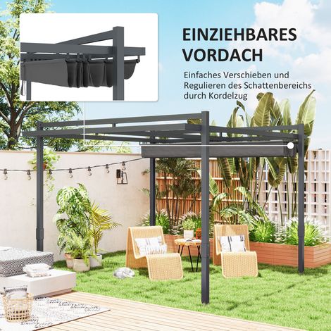 Pergola bioclimatique 3,5x3 m, aluminium solide anti-hiver, store pare-soleil, toit coulissant ajustable, gris