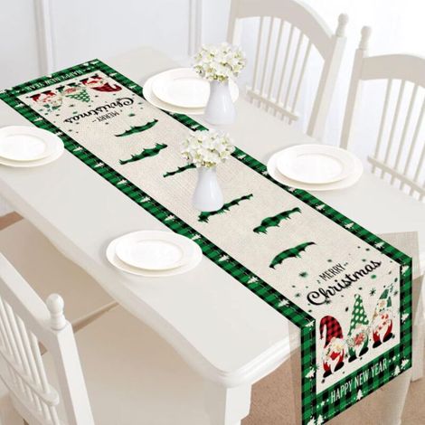 Chemin de Table Noël 30 x 182cm en Lin Nappe de Table Jute Imprimés GNOME de Noël Décoration de Table de Noël pour Maison Cadeau