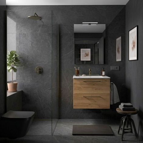 Meuble de salle de bain suspendu 60 cm avec 2 tiroirs et lavabo inclus Chêne Afrique – Reva