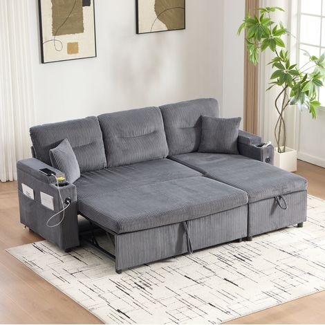 3-Sitzer Schlafsofa 212,5x136x86 cm aus Cord in Grau mit Stauraum – MEUBLIV (1/5)