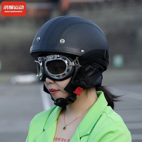 Casque de moto style rétro, taille 54-60 cm, avec visière solaire et lunettes de protection UV. Jaune (1/2)