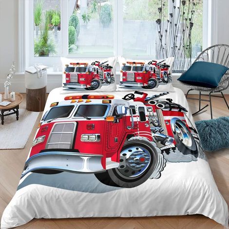 Garçon camion de pompiers Housse de couette modèle rouge de camion de pompiers Housse de couette Souple machine d'impression Set Housse de couette 260x220cm camion de pompiers (1/4)