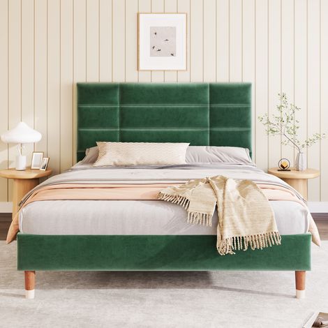 Lit capitonné double 140x200cm sommier à lattes tête de lit velours vert foncé (1/5)