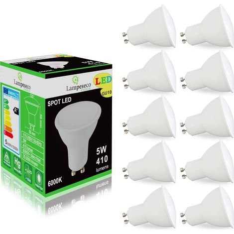 Lampesecoenergie – Pack de 10 ampoules LED GU10 5W équivalent 50W halogène – Blanc froid 6000K – Angle de diffusion 120° – Flux lumineux 410 lm