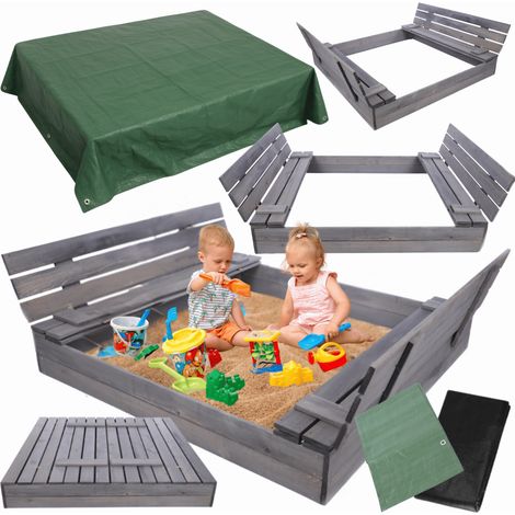 MODO24 Bac à sable en bois de jardin 140x137 cm, couvercle 2-en-1, bancs dossier, agrofibre incluse, avec bâche 2x2 m, gris imprégné