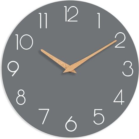 Horloge murale en bois de 25 cm, silencieuse et sans tic-tac, adaptée à la chambre, au salon, au bureau, à l'hôtel (gris) (1/4)