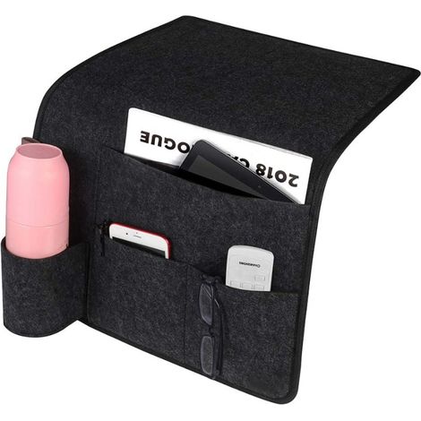 Poche de Lit en Feutre, Sac de Rangement de Chevet mit Porte-Bouteille, Organisateur de Chevet pour Télécommande, Téléphone, Tablette, Magazine, Lunettes, Stylo - gris foncé (1/5)