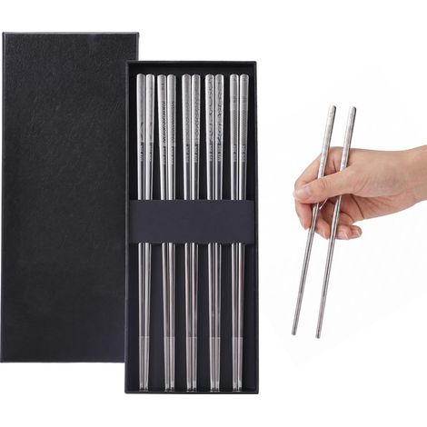 5 Paires Baguettes en Métal, Baguettes Réutilisables en Acier Inox, Lavables au Lave-Vaisselle, Antidérapantes, pour Sushi, Cuisine Asiatique, Maison, Restaurant, Camping (1/5)