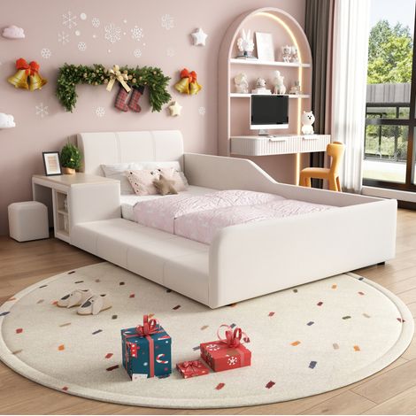 Lit enfant 90x200 avec bureau et tabouret velours blanc HAVRYA (1/5)
