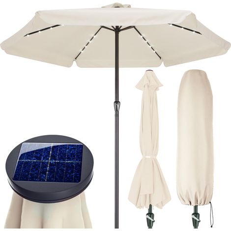 KINGSLEEVE® Sombrilla de Jardin Aluminio Ø 330cm Parasol Luces LEDs Protección UV 80+ Manivela Terraza Balcón  Crema