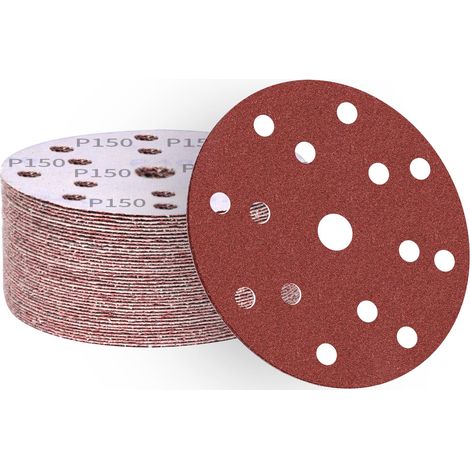 Disques abrasifs 150 mm 50 pièces grain 150,papier abrasif en alumine calcinée 15 trous,revêtement abrasif antiadhésif pour ponceuse orbitale (1/5)